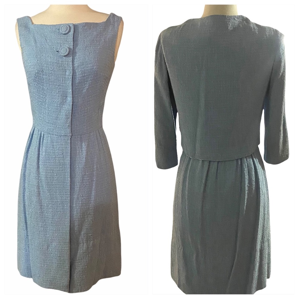 1960’s Mod Tweed Blue Dress and Cropped Jacket Set, Vintage 1960’s Day Dress, S